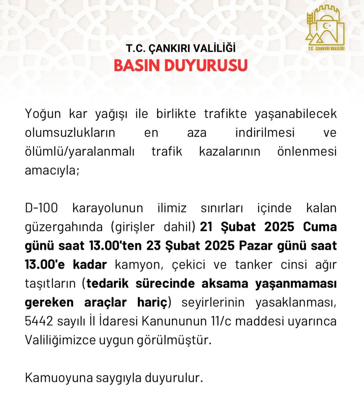 Vatandaşların Dikkatine! Çankırı Valiliği'nden Yoğun Kar Yağışı Nedeniyle Trafik Düzenlemesi (2)