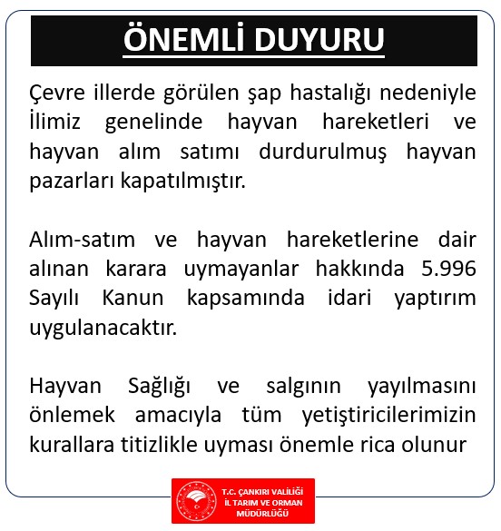 Çankırı Genelinde Hayvan Hareketlerine Geçici Yasak