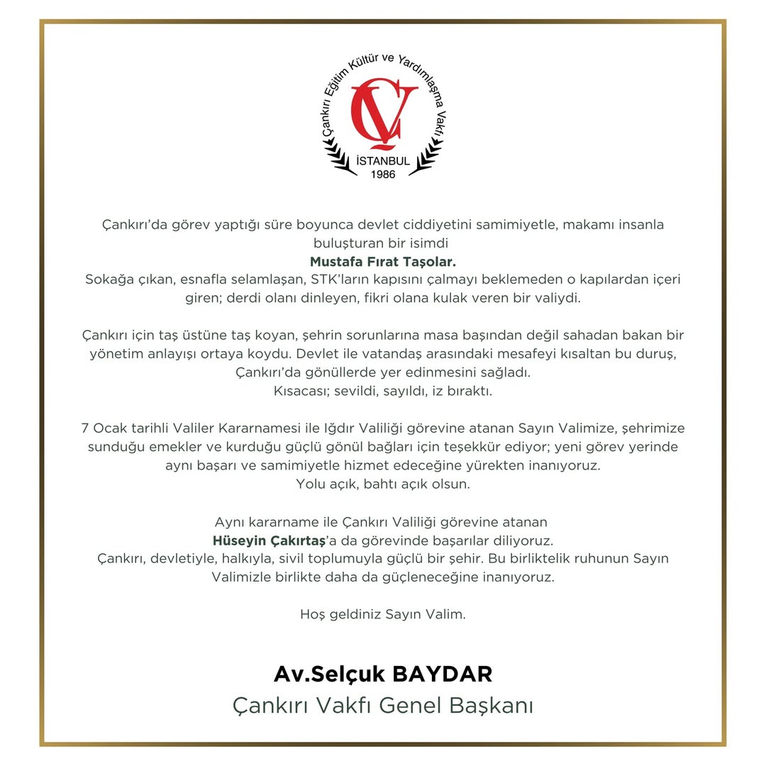 Çankırı Vakfı’ndan Eski Vali Taşolar’a Teşekkür, Yeni Vali Çakırtaş’a Hoş Geldiniz! (1)