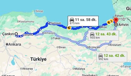 Çankırı - Artvin arası kaç kilometre?