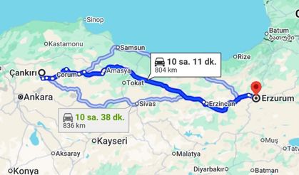 Çankırı-Erzurum arası kaç kilometre?