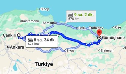 Çankırı-Gümüşhane arası kaç kilometre?