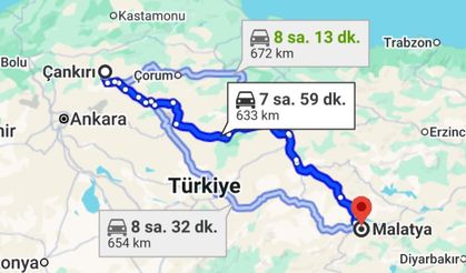 Çankırı-Malatya arası kaç kilometre?