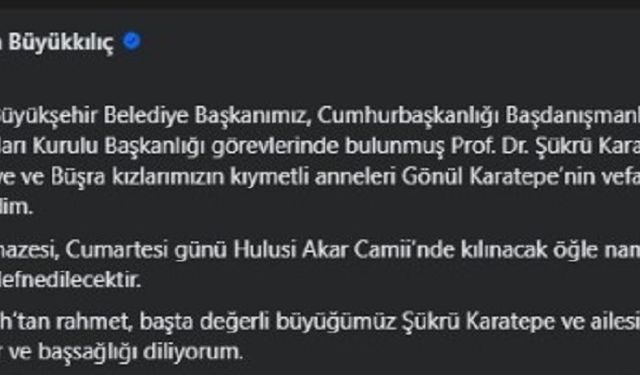 Prof. Dr. Şükrü Karatepe’nin Eşi Gönül Karatepe Vefat Etti