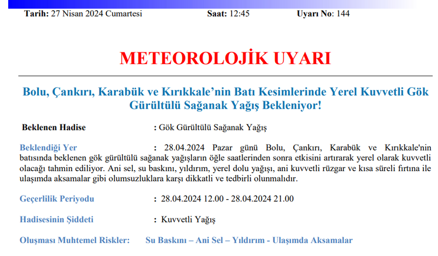28 Nisan 2024, Pazar - Bolu, Çankırı, Karabük ve Kırıkkale'de Gök Gürültülü Sağanak Yağış Uyarısı