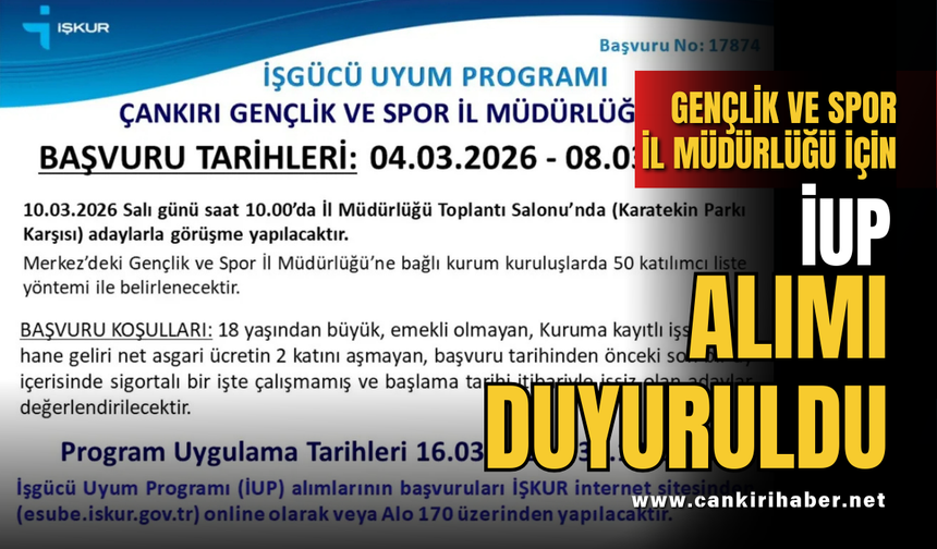 Gençlik ve Spor İl Müdürlüğü İçin İUP Alımı Duyuruldu