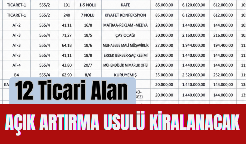 12 Ticari Alan Açık Artırma Usulü Kiralanacak